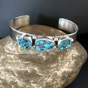 Blue Kingman Turquoise 3 Stone Cuff Bracelet | Navajo Sterling Silver | Authentic Native American Handmade | 15045