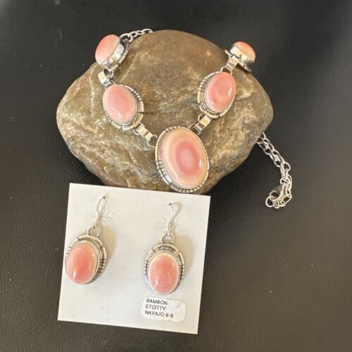 Navajo Pink Conch Choker Necklace | Sterling Silver Pendant 18" | Earrings Set | Authentic Native American Handmade | 16126