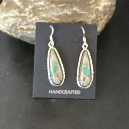 Navajo Blue Boulder Turquoise Dangle Earrings | Sterling Silver | Authentic Native American Handmade | 16504