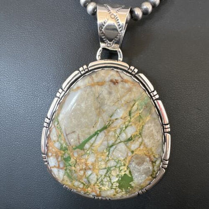 Navajo Sterling Silver Green Boulder Turquoise Necklace Pendant for Men | XL | Authentic Native American | 16365