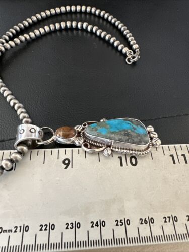Navajo Blue Kingman Turquoise Wild Horse Pendant Necklace | Sterling Silver | Authentic Native American Handmade | 17222