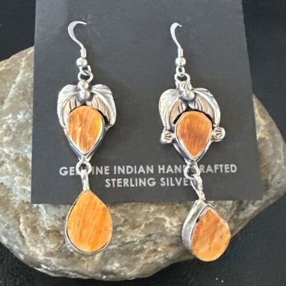 Navajo Orange Spiny Oyster Dangle Earrings | Sterling Silver | 1.5" | Authentic Native American Handmade | 16571