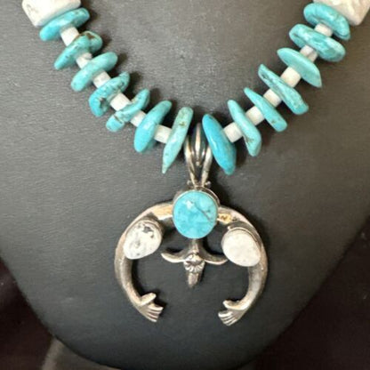 Navajo White Buffalo Blue Turquoise Naja Pendant | Sterling Silver Necklace | Authentic Native American Handmade | 15026