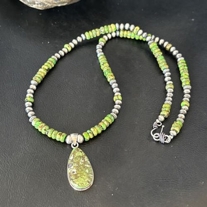 Navajo Green Turquoise Pendant Necklace | Sterling Silver Pearls | Authentic Native American Handmade | 16234