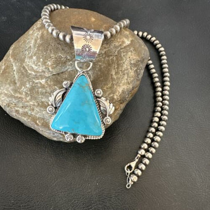 Navajo Sterling Silver Blue Kingman Turquoise Necklace Pendant | Men's Women's | 17478