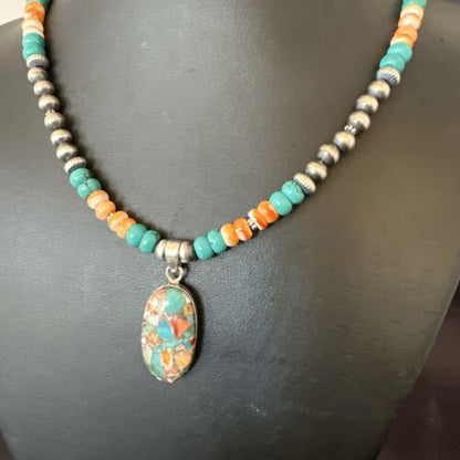 Navajo Spiny Turquoise Pendant Necklace | Sterling Silver | 22" | Authentic Native American Handmade | 17429