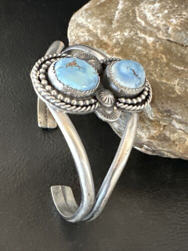 Navajo Blue Golden Hills Turquoise Cuff Bracelet | Sterling Silver | Authentic Native American Handmade | 16428 - Masha USA