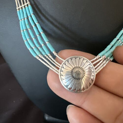Navajo Blue Turquoise Heishi Concha Necklace | 5 Strand Liquid Sterling Silver | 20" | 15876