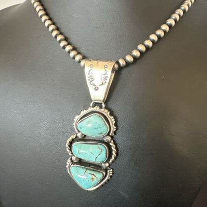 Navajo Blue Kingman Turquoise 3-Stone Cluster Pendant | Sterling Silver | Authentic Native American Handmade | 17631