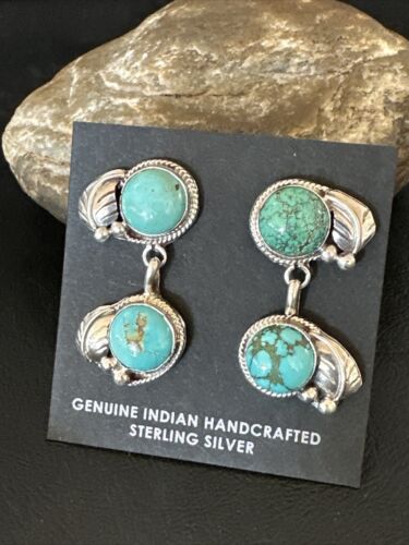 Navajo Blue Green Turquoise Dangle Earrings | Sterling Silver | 1.5" | Authentic Native American Handmade | 17389