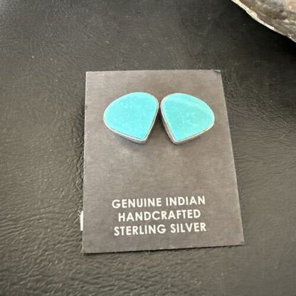 Navajo Blue Kingman Turquoise Post Stud Earrings | Sterling Silver | Authentic Native American Handmade | 17483