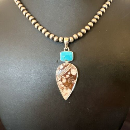 Navajo Wild Horse | Blue Kingman Turquoise Necklace | Sterling Silver | Authentic Native American Handmade | 17310