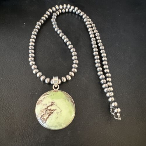 Navajo Green Gaspeite Pendant Necklace | Sterling Silver | Authentic Native American Handmade | 15492