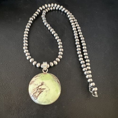 Navajo Green Gaspeite Pendant Necklace | Sterling Silver | Authentic Native American Handmade | 15492