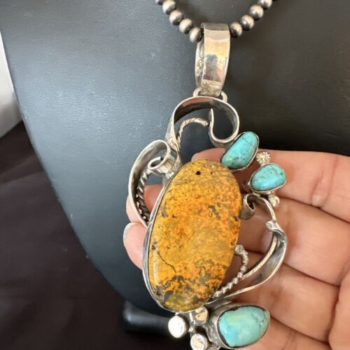 Bumblebee Jasper Turquoise Multi-Stone Pendant | Sterling Silver Necklace | Authentic Native American Handmade | 15947 - Masha USA