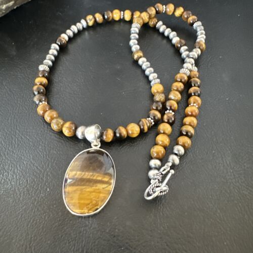 Southwestern Coffee Brown Tiger's Eye Pendant Necklace | Sterling Silver | Native American Handmade | 15867