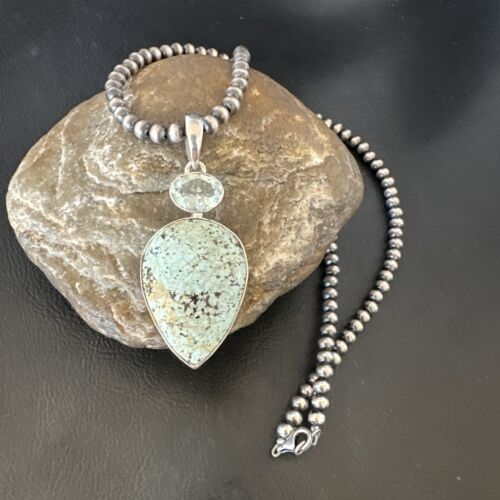 Navajo Women's Dry Creek Turquoise Topaz Pendant Necklace | Sterling Silver | Authentic Native American Handmade | 16306