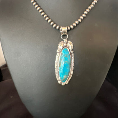 Navajo Kingman Turquoise Pendant Necklace | Sterling Silver Pearls | Authentic Native American Handmade | 15219