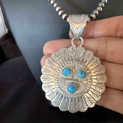 Navajo Sunface Blue Kingman Turquoise Pendant | Sterling Silver | 2.75" | Authentic Native American Handmade | 15209