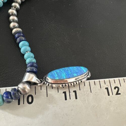 Navajo Opal Inlay Pendant with Turquoise Lapis Pearls | Sterling Silver Necklace | Authentic Native American Handmade | 16846