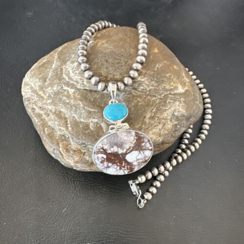 Navajo Wild Horse | Blue Kingman Turquoise Necklace | Sterling Silver | Authentic Native American Handmade | 17338