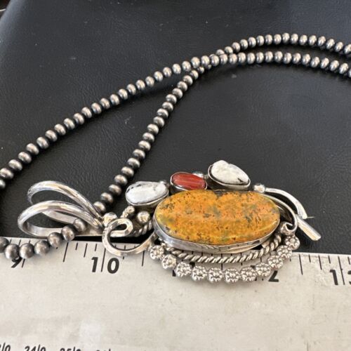 Navajo Bumblebee Jasper & White Buffalo Sterling Silver Pendant Necklace | 21" | Handmade | 15948