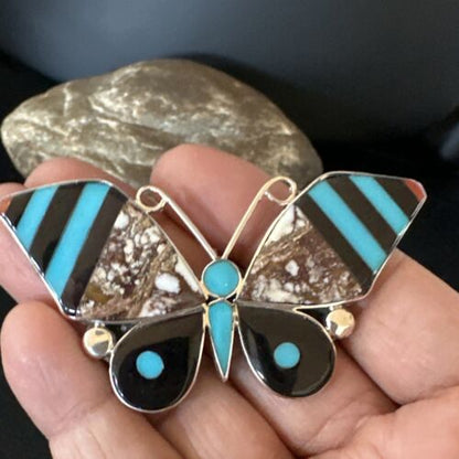 Zuni Butterfly Wild Horse Turquoise Onyx Inlay Pin Pendant | Sterling Silver | Authentic Native American Handmade | 15153