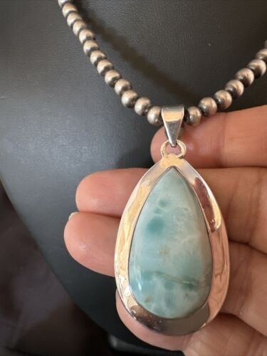 Navajo Blue Larimar Pendant Necklace | Sterling Silver Beads | Authentic Native American Handmade | 17567