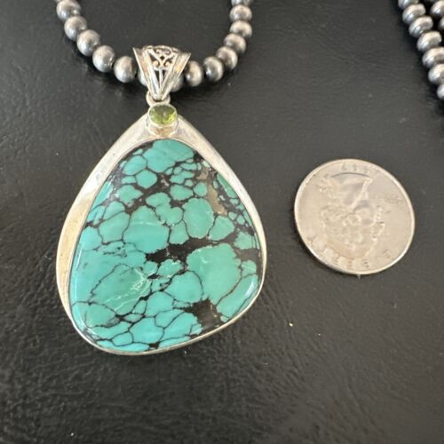 Men's Navajo Blue Spiderweb Turquoise Pendant Necklace | Sterling Silver | Authentic Native American Handmade | 16202