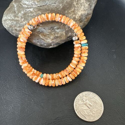 Navajo Orange Spiny Oyster Blue Turquoise Bracelet | 6mm Memory Wire Steel | Authentic Native American Handmade | 17621