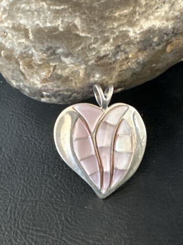 Navajo Pink Mother of Pearl Heart Pendant Necklace | Sterling Silver | Authentic Native American Handmade | 15193