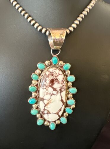 Navajo Wild Horse Turquoise Pendant | Sterling Silver | Native American Handmade | 17147