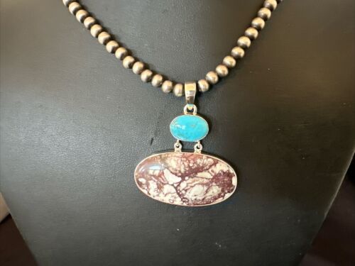 Navajo Wild Horse | Blue Kingman Turquoise Necklace | Sterling Silver | Authentic Native American Handmade | 17307