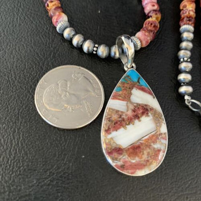 Navajo Pearls Turquoise & Spiny Oyster Pendant Necklace | Sterling Silver | 20" | Authentic Native American Handmade | 13872