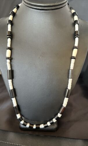 Men's Navajo Black Onyx White Shell Necklace | Sterling Silver | 26" | Authentic Native American Handmade | 17583