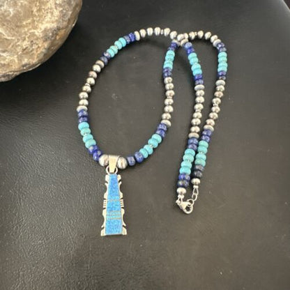 Navajo Opal Inlay Pendant Turquoise & Lapis | Sterling Silver Necklace | Native American Handmade | 16847