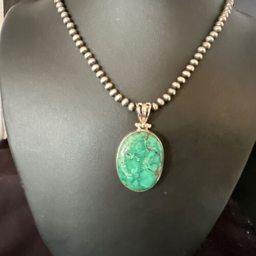 Navajo Blue Spiderweb Turquoise Pendant | Sterling Silver Pearls Necklace | Authentic Native American Handmade | 15570