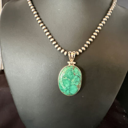 Navajo Blue Spiderweb Turquoise Pendant | Sterling Silver Pearls Necklace | Authentic Native American Handmade | 15570
