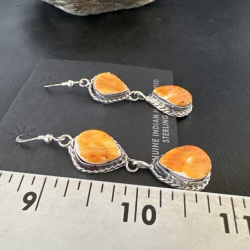 Navajo Orange Spiny Oyster Dangle Earrings | Sterling Silver | 1.5" | Authentic Native American Handmade | 16563