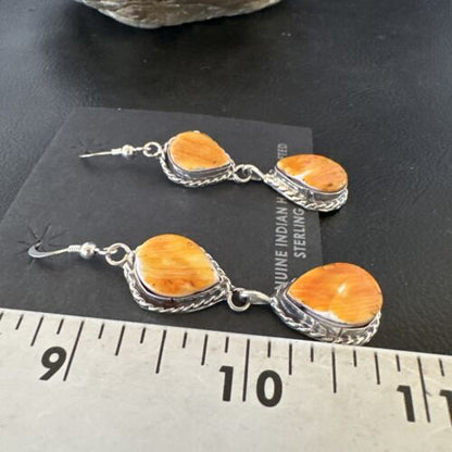Navajo Orange Spiny Oyster Dangle Earrings | Sterling Silver | 1.5" | Authentic Native American Handmade | 16563