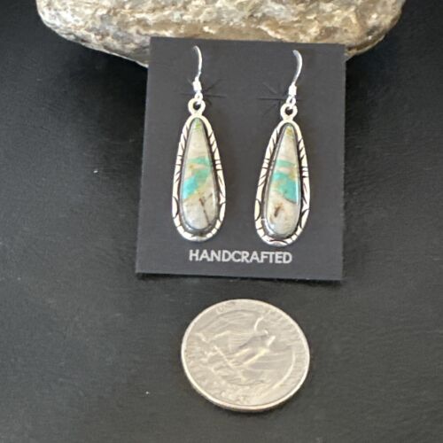 Navajo Blue Boulder Turquoise Dangle Earrings | Sterling Silver | Authentic Native American Handmade | 16504
