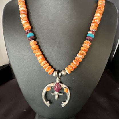 Navajo Orange Purple Spiny Oyster Naja Pendant Necklace | Sterling Silver | Authentic Native American Handmade | 15261