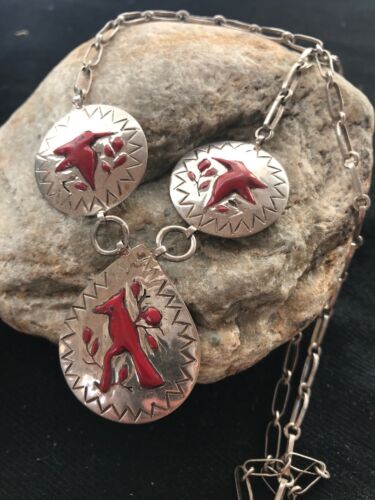 Zuni Coral Pendant Necklace & Earrings Set | Sterling Silver | Cardinal Design | Authentic Native American Old Pawn Jewelry
