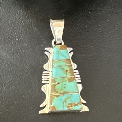 Navajo Blue #8 Turquoise Inlay Pendant | Sterling Silver | 2" | Authentic Native American Handmade | 15682