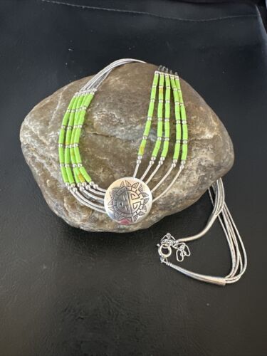 Navajo Green Gaspeite Heishi Concha Necklace | 5 Strand Liquid Sterling Silver | 20" | 15872