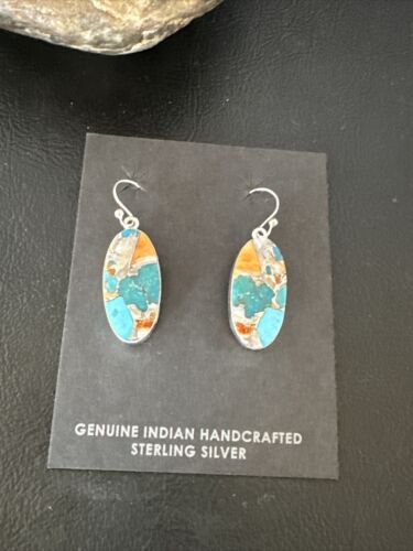 Navajo Blue Turquoise & Orange Spiny Oyster Inlay Dangle Earrings | Sterling Silver | 15586