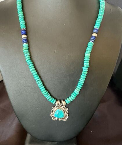 Blue Turquoise Pendant | Navajo Pearls Lapis | Sterling Silver Necklace 21" | 17539