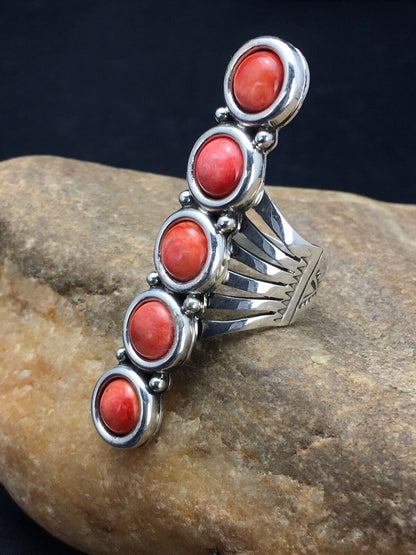 Navajo Red Spiny Oyster Cluster Ring | Authentic Native American Sterling Silver | Multi-Stone | Sz 8.75 | 02586