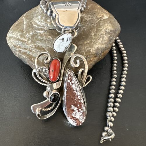 Navajo Sterling Silver Coral Wild Horse Necklace Pendant | Multi-Stone | Authentic Native American Handmade | 15946