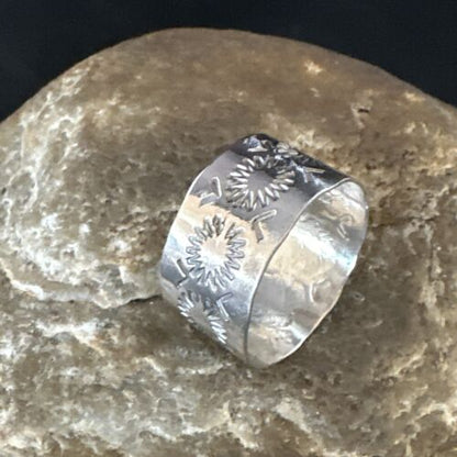 Men's Wide Band Navajo Stamped Ring | Sterling Silver | Sz 12 | Authentic Native American Handmade | 14981